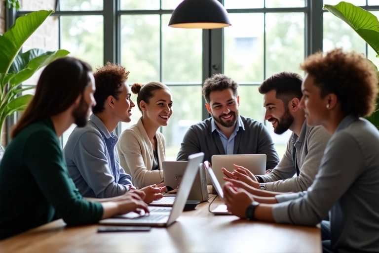 Diverse team collaborating in a modern, natural-themed office, symbolizing growth and innovation.