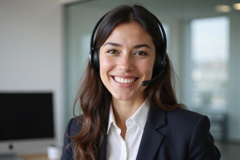 Friendly customer service representative smiling, ready to assist with inquiries.
