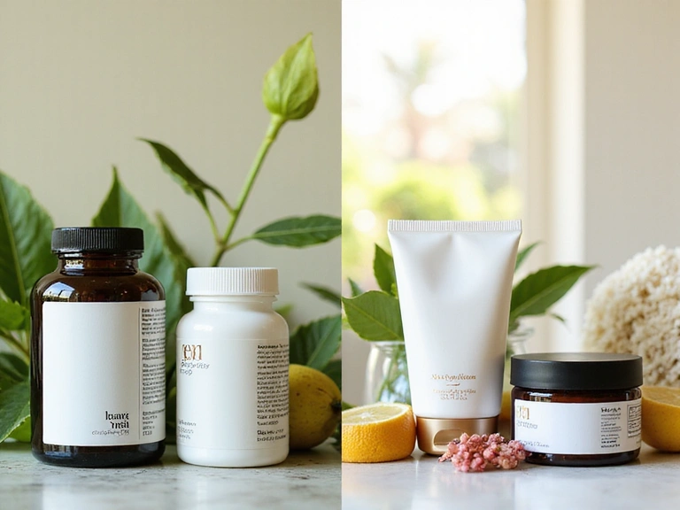 Collage of natural supplements for men and skincare products for women, representing Qurevia's dual focus on wellness and beauty.