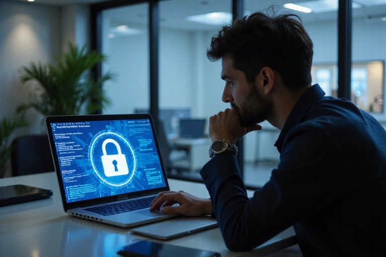 A person looking thoughtfully at a laptop screen, which displays a secure lock icon, symbolizing data privacy and security. The setting is a modern, clean office environment.