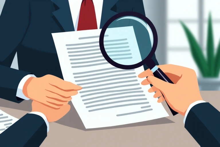 A person reading a legal document with a magnifying glass, symbolizing thorough review of terms.