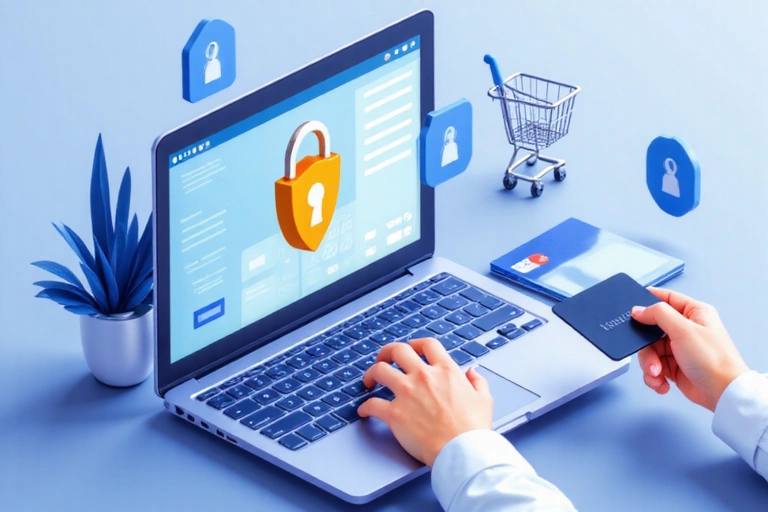 Secure online payment process with a credit card, padlock icon, and shopping cart on a digital screen.